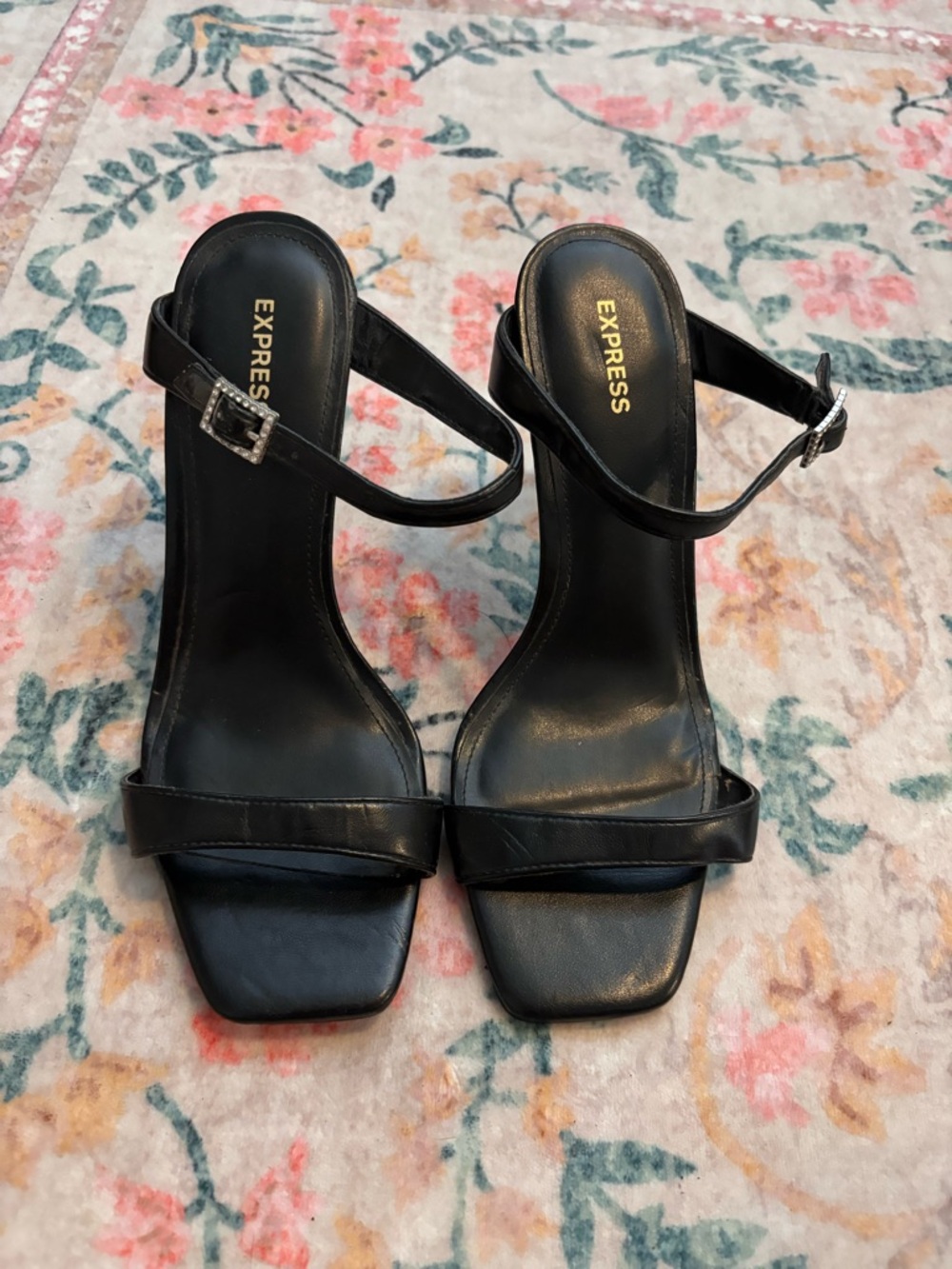 Express Black Square-Toe Ankle Strap Heels